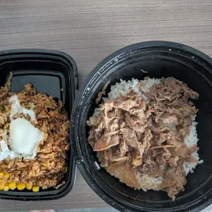 Beef bowl and black fried rice
