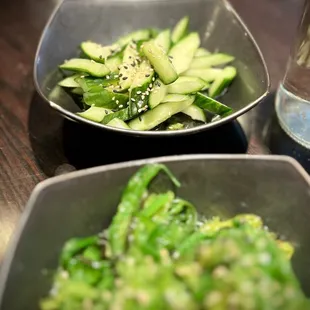 Cucumber salad and Seaweed Salad