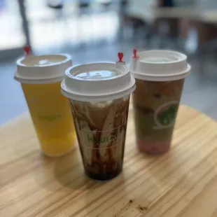 Frozen sparkling mango with pineapple jelly, Brown Sugar Boba with oat milk and crystal Boba, Strawberry Matcha with espresso oat milk