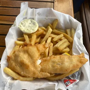 Fish and chips $13. Pass on this soggy mess.