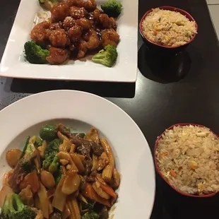 Triple delight, sesame chicken with fried rice