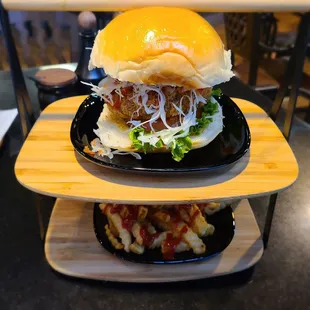 Wagyu menchi katsu burger and curry ketchup fries