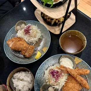 Tori Katsu &amp; Ebi Fry w/ side of curry, Chicken Katsu, and Wagyu Menchi Katsu Burger - YUMMY!