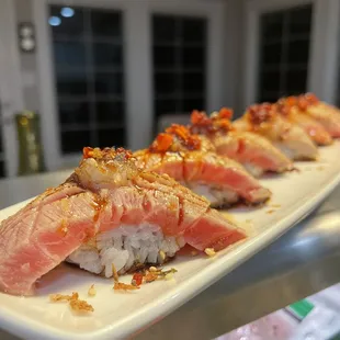 Seared Toro Sushi with Chili Oil &amp; Crispy Garlic