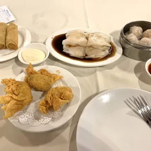 Egg rolls, shrimp won tons, shrimp rice paste, and dim sum