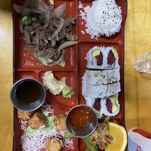 Bento with buligogi tuna and avocado roll and shrimp shumi