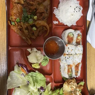 Dinner box- bulgogi pork with spicy tuna roll, crab Rangoon