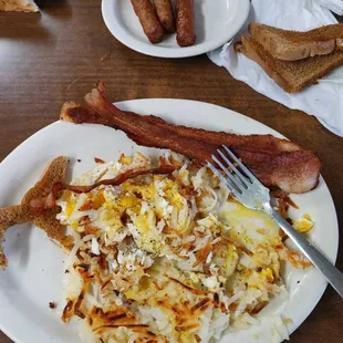 Eggs, bacon, and hash browns.