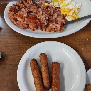 Corned beef hash, eggs, and sausage