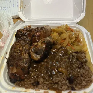 Jerk Chicken, Rice &amp; Peas, Cabbage