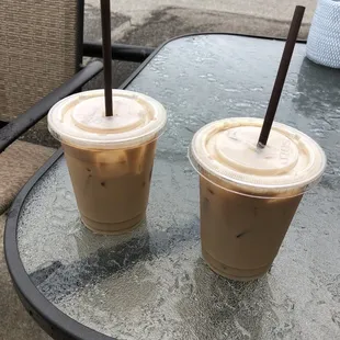 iced soy vanilla latte and iced toasted caramel latte