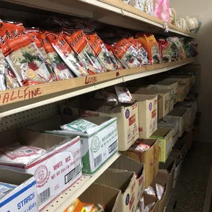 a variety of food items on shelves