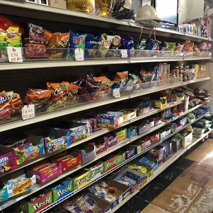 a variety of snacks on shelves