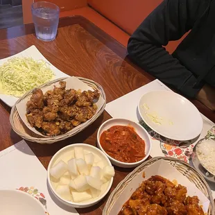 honey garlic chicken top left, spicy boneless marinated chicken bottom right (both half size)