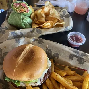 Burger w/ grilled onions and pepper jack cheese &amp; fries  Thai Tuna wrap with house-made chips    Frozen watermelon lemonade
