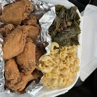 Chicken, Mac n cheese and collard Greens.