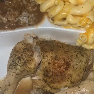 Baked chicken, Mac n cheese, rice and gravy