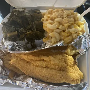 Fried fish combo with Mac and cheese and greens