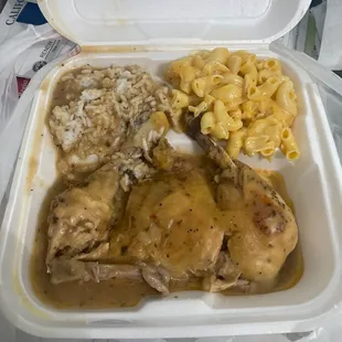 Baked Chicken (ask to add gravy) rice and gravy. And Macaroni