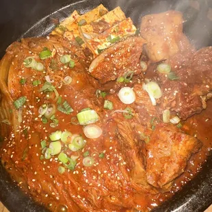 Pork and kimchi on a stone plate (ordered two orders of rice on the side) SO GOOD!!! #밥도둑