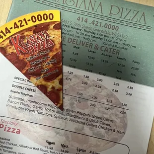 a menu and a pizza order