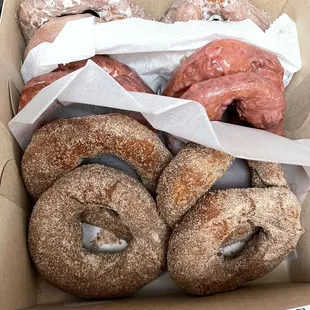 Glazed, strawberry glaze and cinnamon sugar