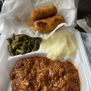 BBQ with green beans, mash potatoes, and their fabulous hot water corn bread!