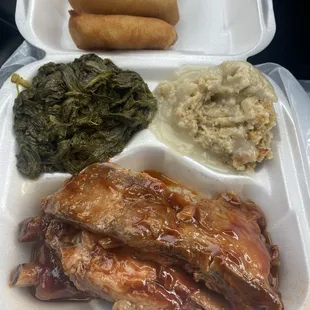 BBQ Ribs, Turnip Greens, Dressing, Hot water Cornbread