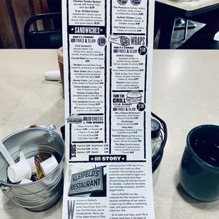 a menu and a cup of coffee