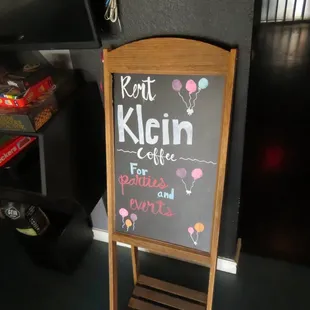 a chalkboard with a sign that says rent klein coffee for parties and parties