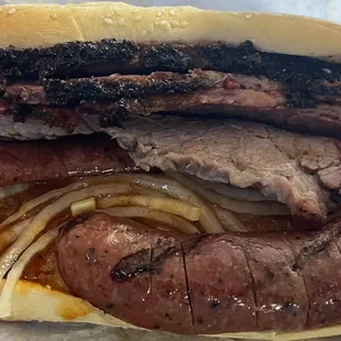 Brisket and sausage combo sandwich