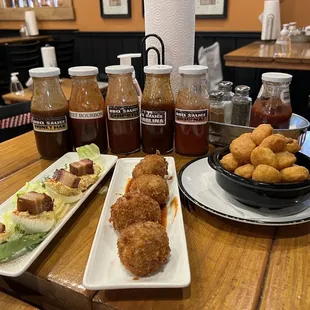 PORK BELLY DEVILED EGGS, pork balls, Corn Fritter Bites