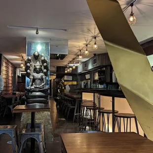 the interior of a restaurant with tables and chairs
