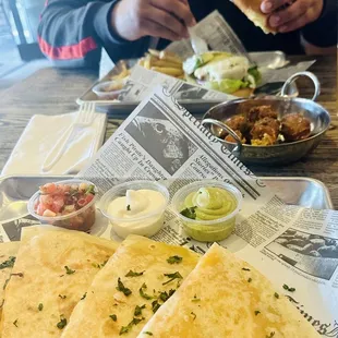 Cali Chicken, spicy corn fritters, quesadilla