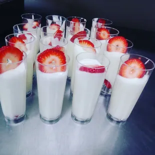 Mini strawberry and yogurt shooters.
