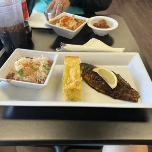 Blackened Catfish with Red Beans &amp; Rice and cornbread