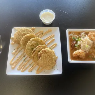 Fried green tomatoes, jambalaya