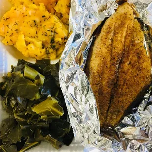 Mac n cheese, collard greens, and fish....sooooo good!