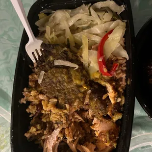 Dry Curry salmon, rice and peas this was $23