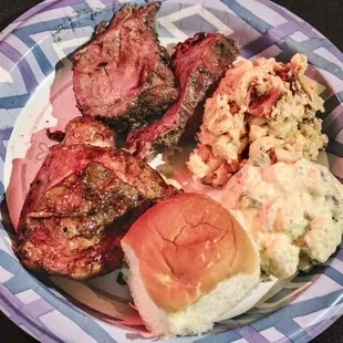 Tri tip, chicken, potato salad, mac n cheese and dinner roll