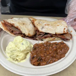 Tri-Tip sandwich, baked beans &amp; potato salad at our birthday event!