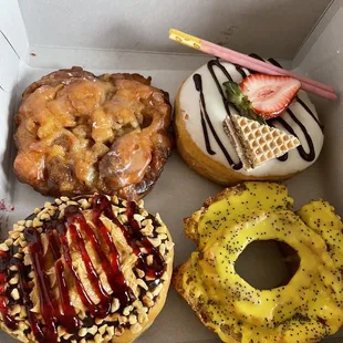 Apple fritter, strawberry pocky, PB cup, lemon poppy