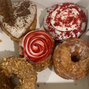 Top Left Clockwise: Coffee Tiramisu, Red Velvet, Kronut, Guava Cream cheese filled, and Cinnamon Crumble.
