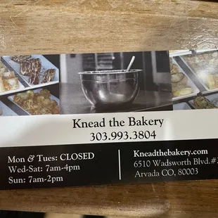 business card for knead the bakery