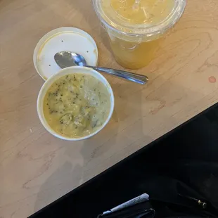 Broccoli cheddar soup and a mango tango smoothie