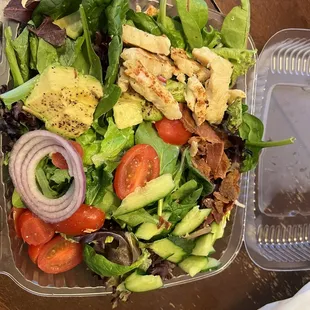 Chicken avocado bacon salad, be prepared to pay $2 for swapping protein.