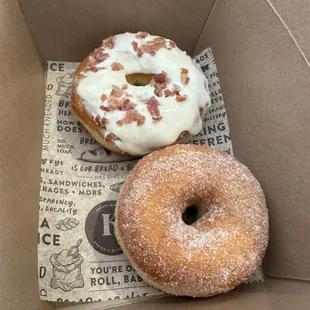 Maple Bacon Doughnut (top), Cinnamon Sugar Doughnut (bottom)