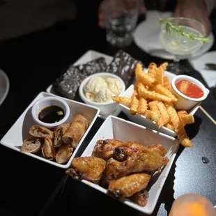 Lumpia, Chicken Wings, Fries, Ube Bread Pudding