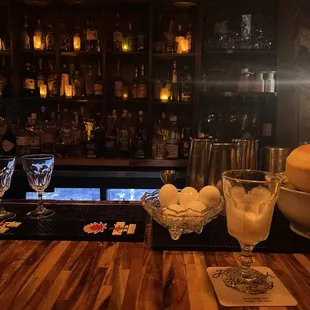 a bar with a wooden bar top