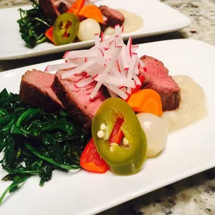 Private chef for a client 2016, bistro steak ranchero, yucca and celery root, pickled vegetables and watercress.